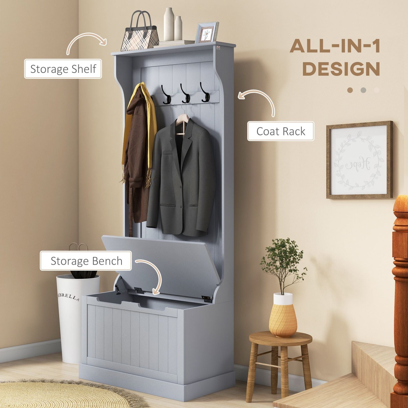 gray entryway hall tree coat rack with sitting bench and storage hooks for mudroom use