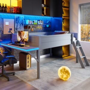 full size wooden gaming loft bed with desk and led grey unique multi functional design