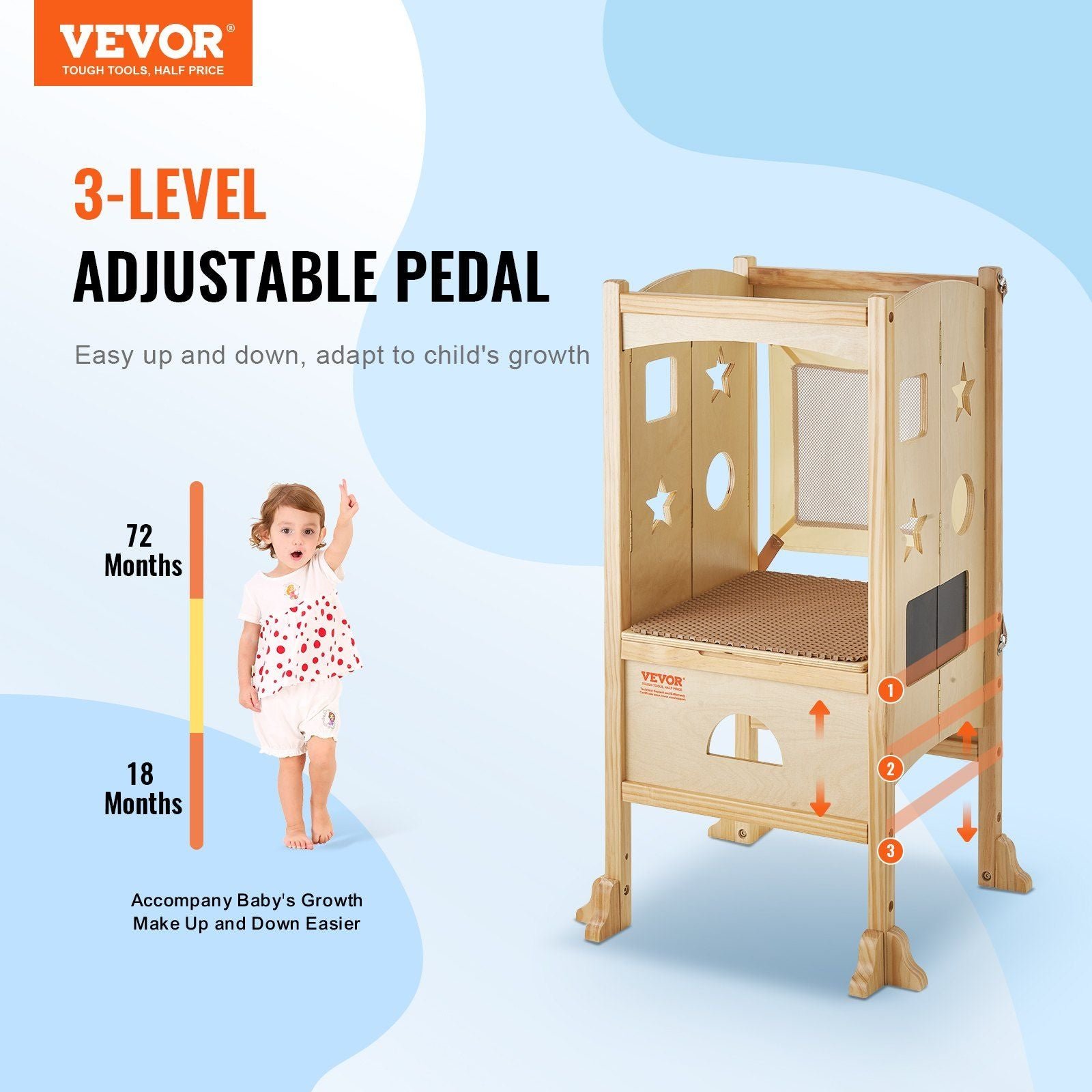 3 level adjustable height solid wood tower step stool foldable toddler stool safety net for kids' learning kitchen bedroom