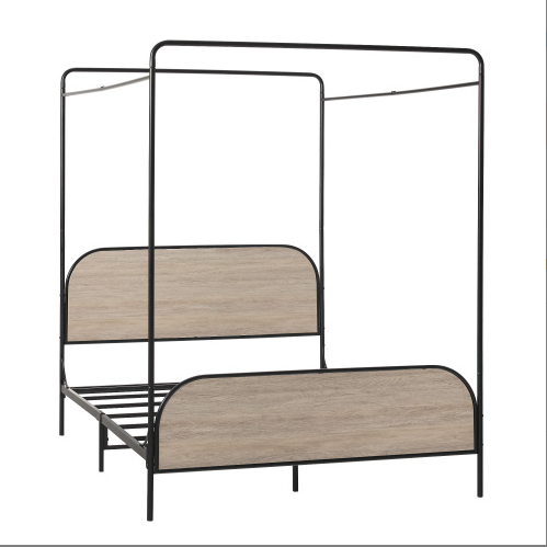 fcj modern single queen bedframe durable metal and wood canopy with extendable feature smoked oak for home furniture"
