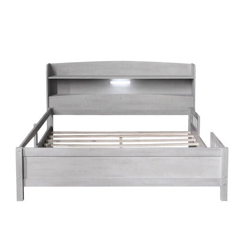 fcj elegant minimalist antigue grey wood full size platform bed tufted design built in led light storage headboard guardrail
