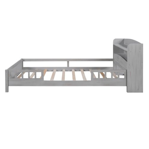 fcj elegant minimalist antigue grey wood full size platform bed tufted design built in led light storage headboard guardrail