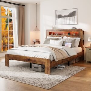dark brown queen size wood platform bed frame led headboard storage 2 usb ports no box spring needed easy assembly tool bed