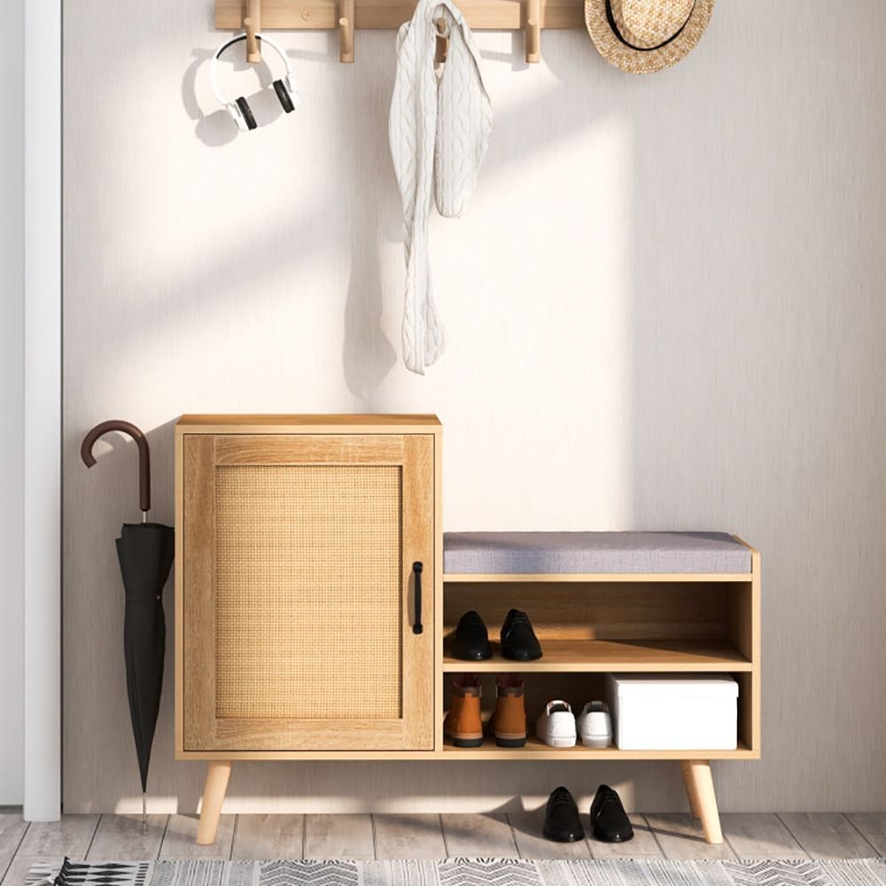 2 in 1 rattan shoe cabinet with washable cushion bench shoe rack with convenient storage bench