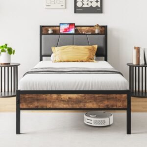twin size metal bed frame with storage headboard charging station solid & stable noise free no box spring needed easy assembly
