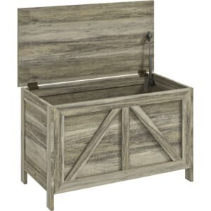 30" gray wooden trunk farmhouse style lift top storage bench with safety hinge for bedroom entryway or living room