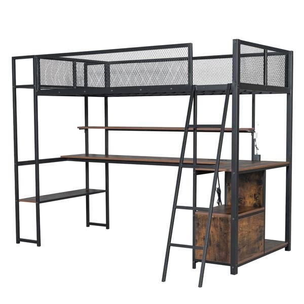 black twin size metal loft bed with built in work station & led multiple storage features