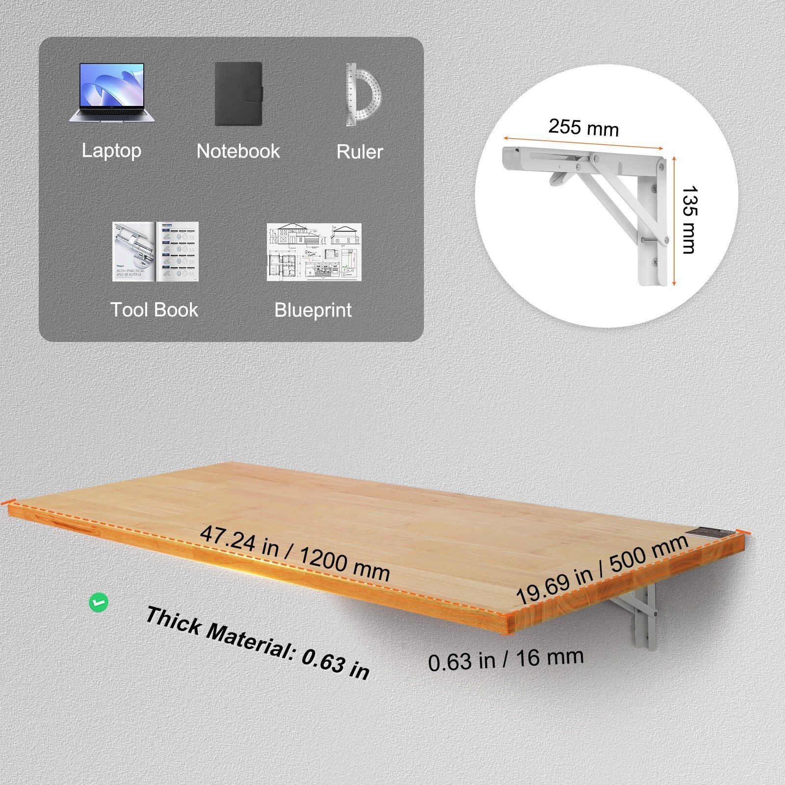 47.24" x 19.69" wall mounted folding drop leaf table wooden floating desk iron bracket for home office dining bar small spaces