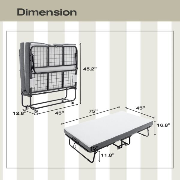 75 in. x 45 in. portable metal frame rollaway bed memory foam mattress wheels 45 in. x 75 in. folding metal bed bedroom
