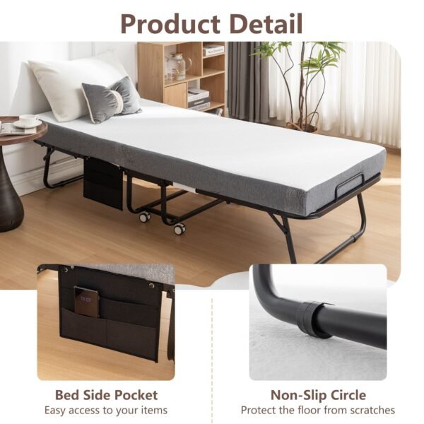 portable 75 in. x 31 in. metal frame rollaway bed with memory foam mattress & wheels 31 in. folding bed