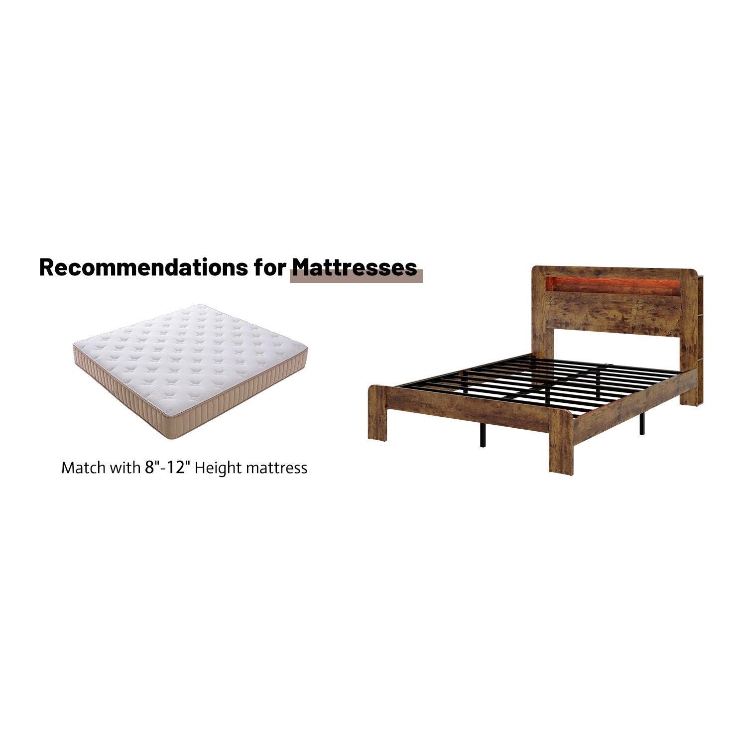 dark brown king size wood platform bed frame led light headboard usb ports no box spring needed easy assembly large storage no