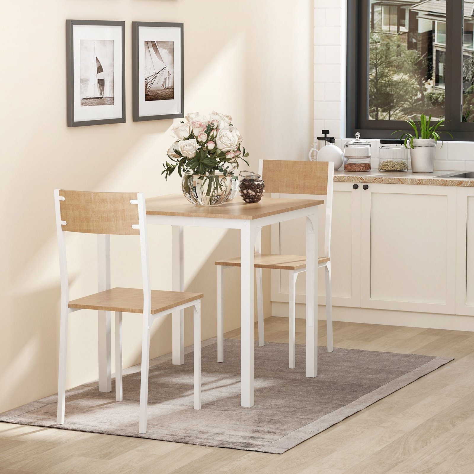 compact 3 piece dining set with wooden table and 2 oak chair seats metal frame for small dining spaces