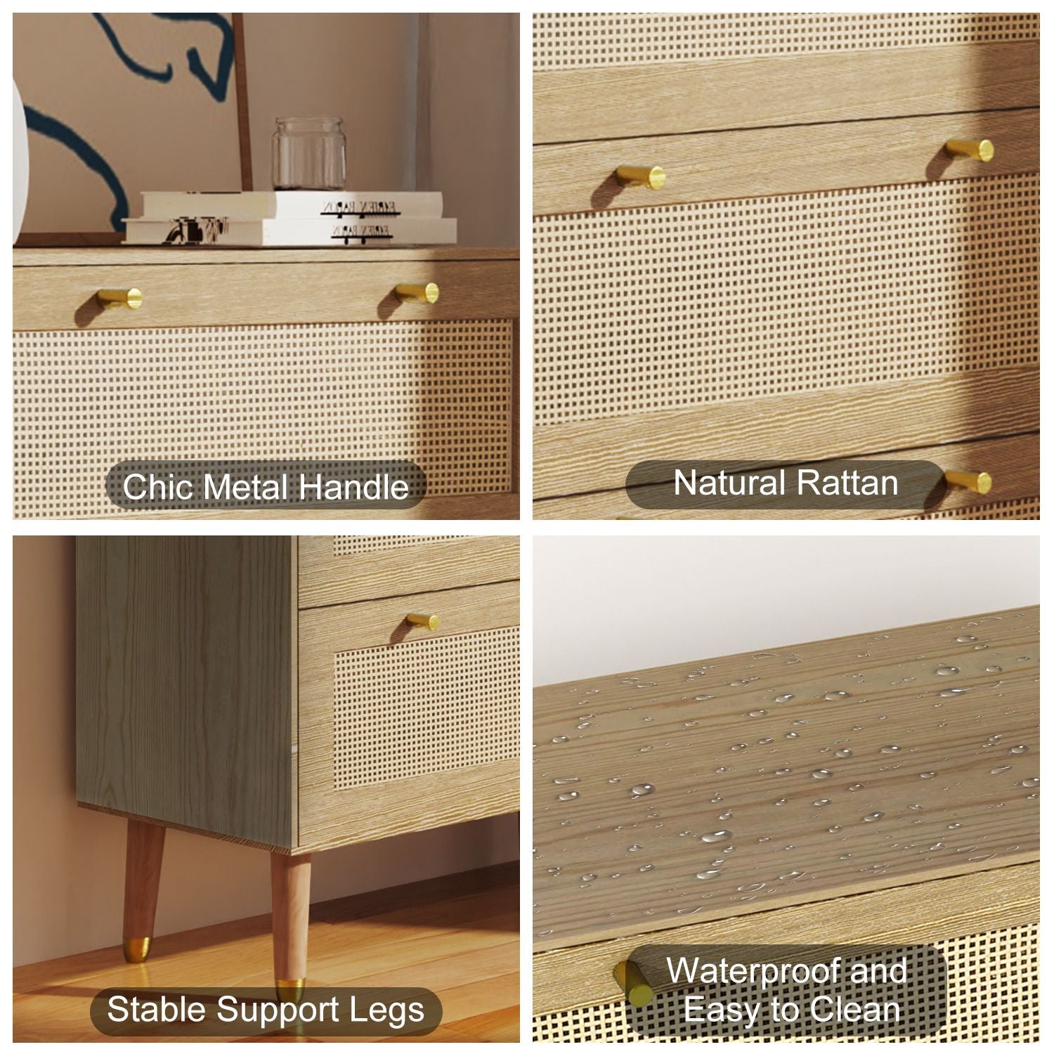 3 drawer solid wooden rattan dresser for bedroom hallway or living room with spacious storage and metal handles oaken color