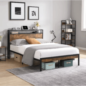 fcj king size metal platform bed frame with wooden headboard and footboard featuring usb liner