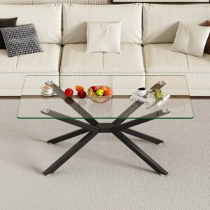 39.37" rectangular clear tempered glass coffee table,stylish design with black metal legs, coffee table for living room
