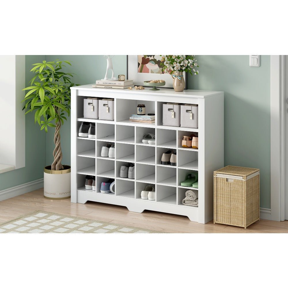 sleek design 24 shoe cubby console, modern shoe cabinet with curved base, versatile sideboard