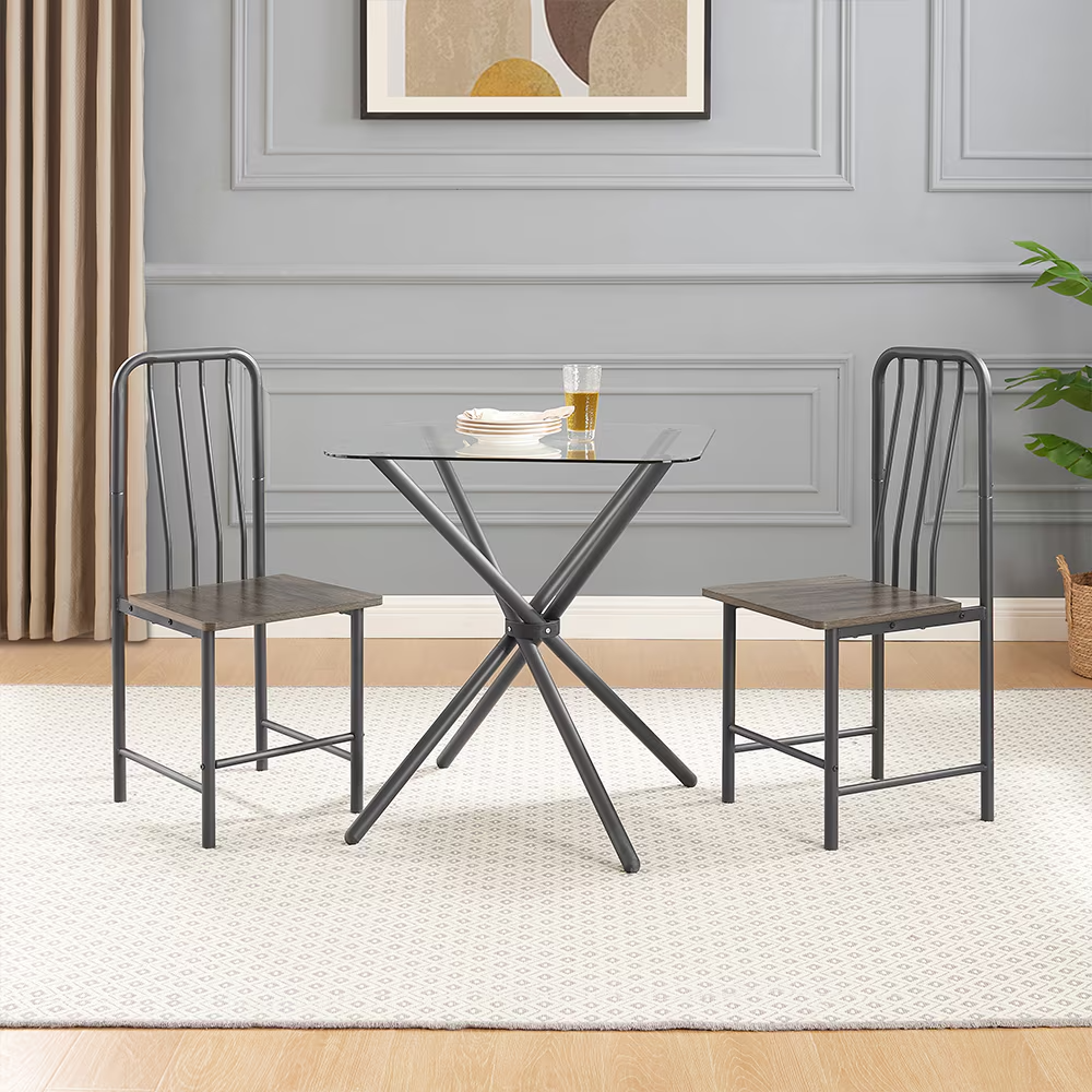 fcj luxury dining set 2 piece square glass tempered table 4 legs 2 metal chairs black brown for home office kitchen dining room