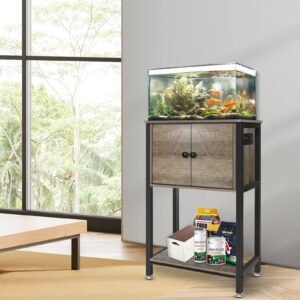 5 10 gallon fish tank stand, heavy duty aquarium stand with cabinet & power outlets for fish tank accessories storage, grey