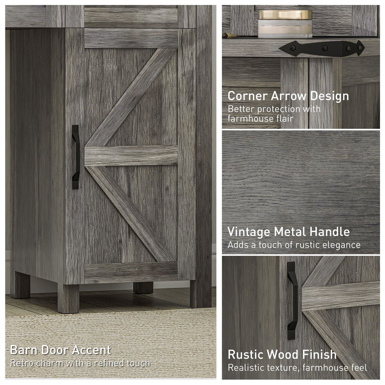 gray vanity desk set with comfortable cushioned stool storage drawer cabinet shelves for bedroom features mirror and lights