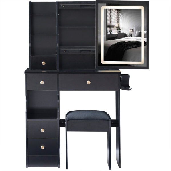 29.2" small size left drawer desktop vanity table + cushioned stool, large sliding, touch control, tri color switching