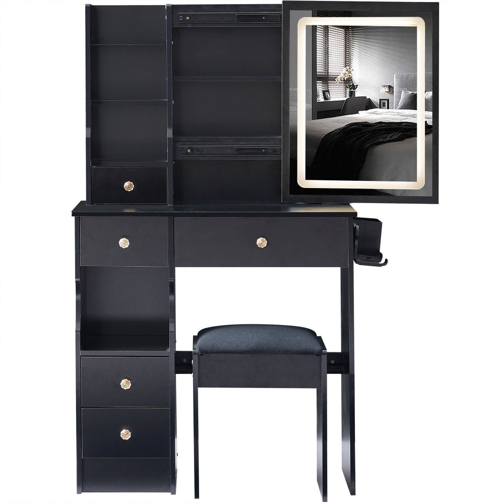 29.2" small size left drawer desktop vanity table + cushioned stool, large sliding, touch control, tri color switching
