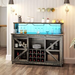 55 inch brown farmhouse wine cabinet with lights and wine/glass racks coffee bar cabinet for kitchen and dining room