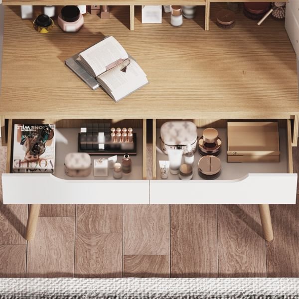 adjustable lighted mirror makeup vanity desk 4 drawers 3 open shelves solid wood table feet small space bedroom dressing table