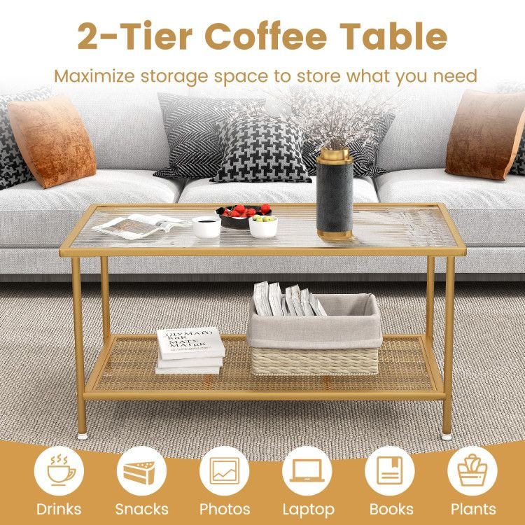 2 tier coffee table with tempered glass top and shelf for tea & beverage serving