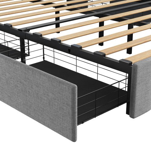 fcj light grey full size platform bed frame with led and 4 under bed storage drawers soft headboard design with wings
