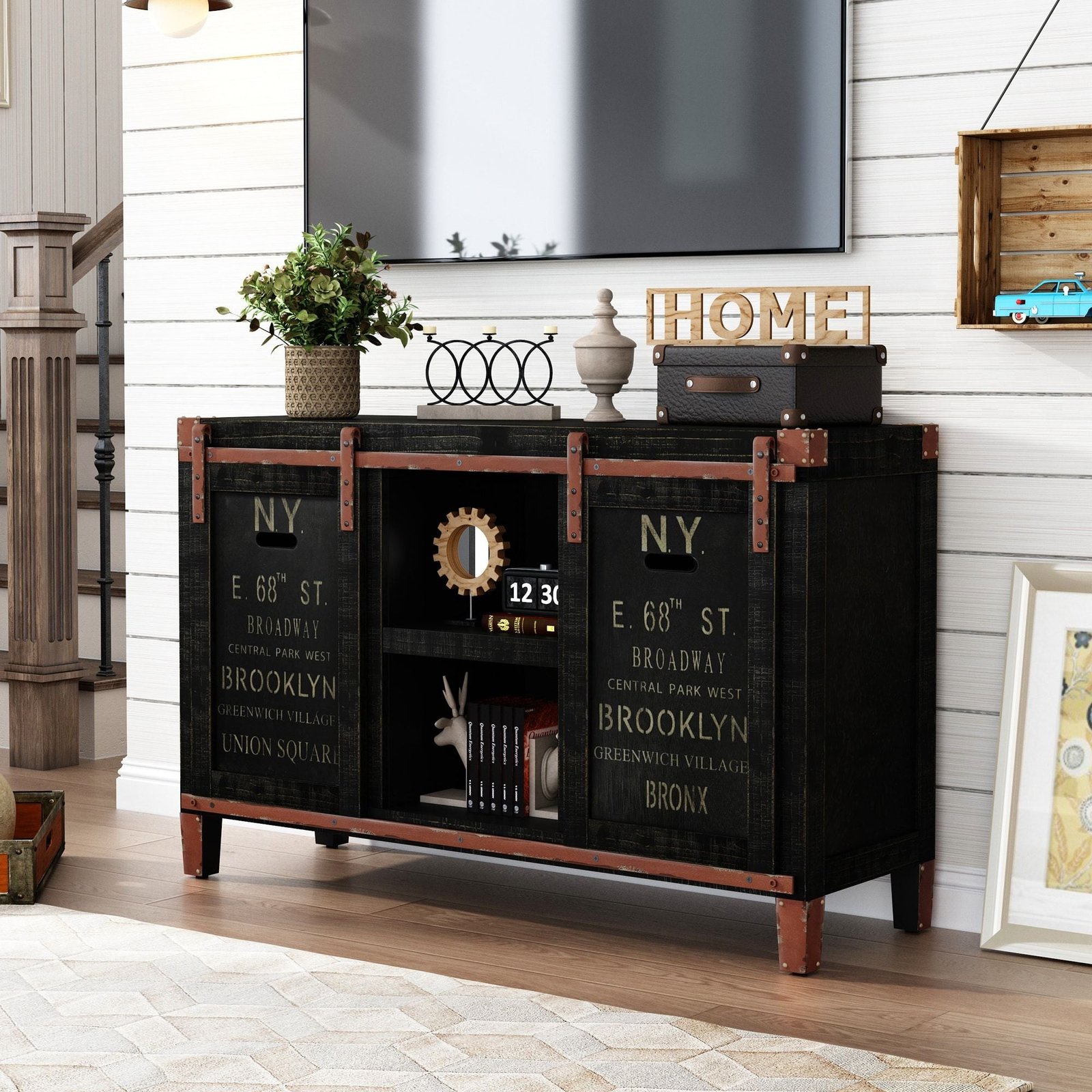 30' tall industrial farmhouse tv stand sliding barn doors rustic black television console table cabinet for 55 inch tvs media