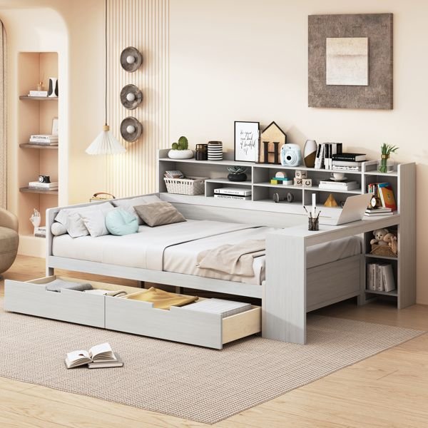antique white wooden full size daybed with storage shelves and study desk multi functional upholstered bed with two drawers