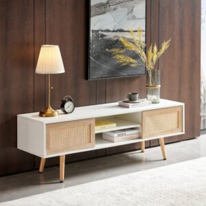 55.12" rattan tv cabinet, double sliding doors for storage, adjustable shelf, solid wood legs, tv console for living room , whit