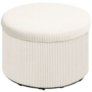 24 inch round beige corduroy ottomans stool with lid upholstered footrest for living room bedroom storage