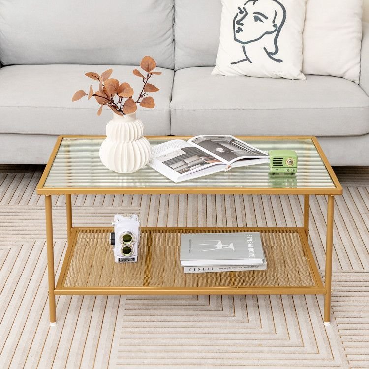 2 tier coffee table with tempered glass top and shelf for tea & beverage serving