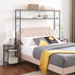 queen size metal storage headboard with charging stations 2 nightstands & storage shelves for bedroom