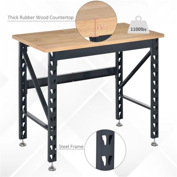 adjustable 45" garage workbench with wood tabletop as a tool table or computer desk