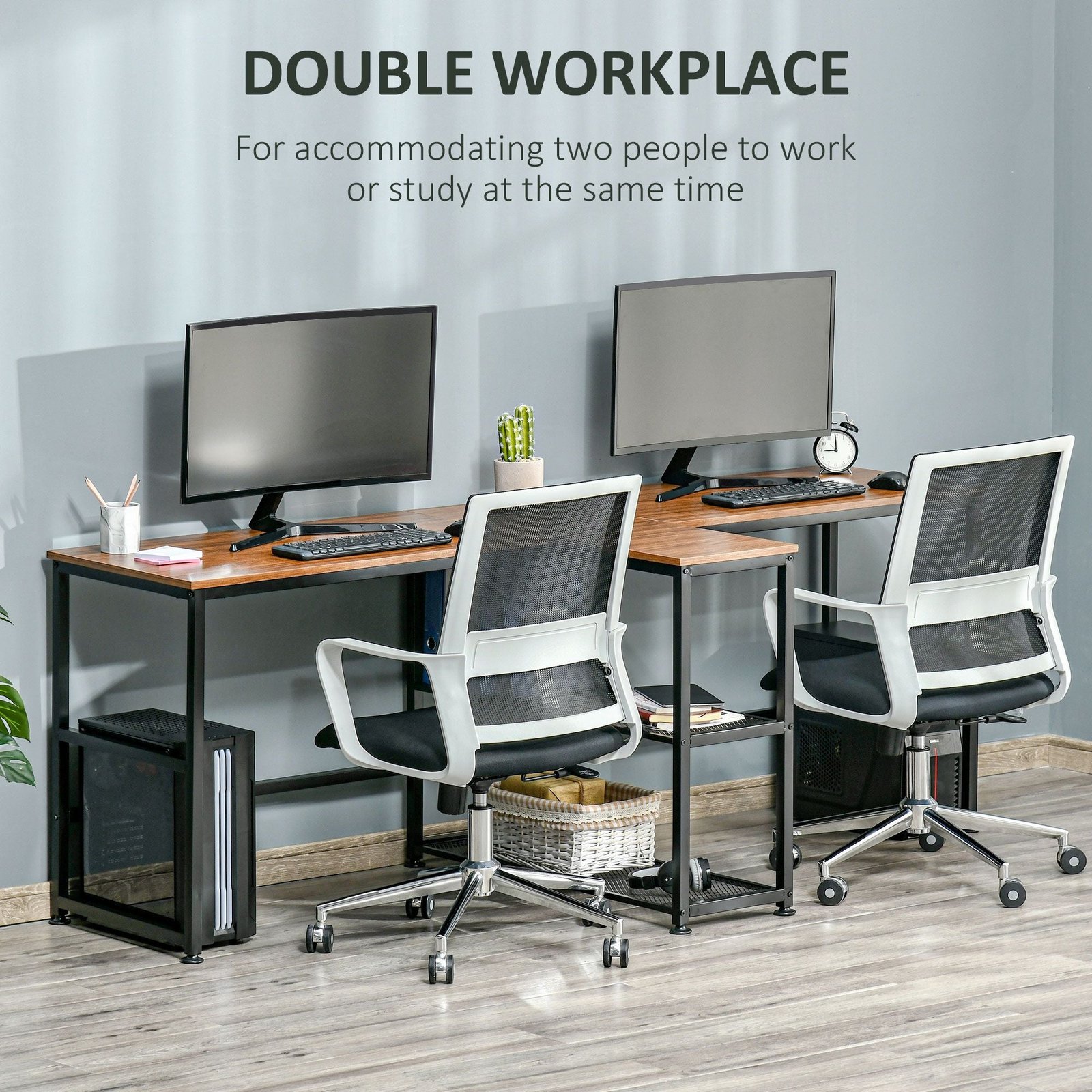 83'' two person dark walnut office desk with storage shelves large computer study writing table for home or office