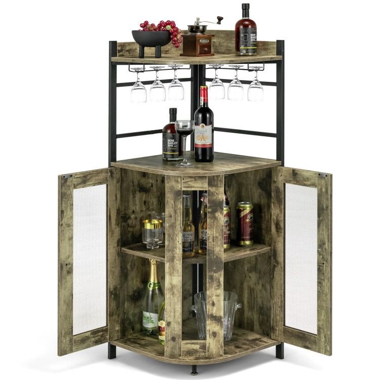 adjustable industrial corner bar cabinet with glass holder featuring an adjustable shelf