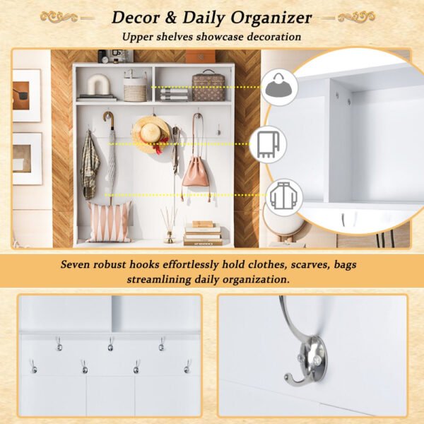 43.3'' entryway bench with coat rack, 3 in 1 design and adjustable shelves, hall tree with 7 hooks for entrance, living room