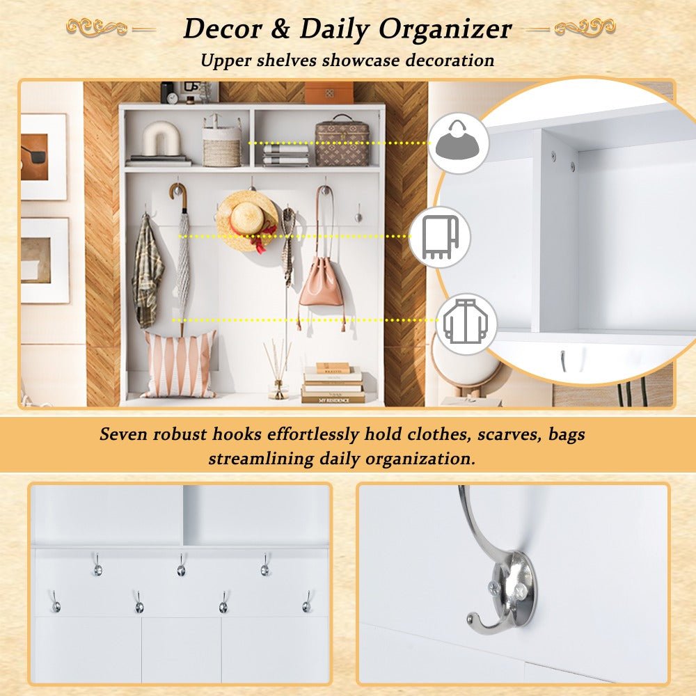 43.3'' entryway bench with coat rack, 3 in 1 design and adjustable shelves, hall tree with 7 hooks for entrance, living room