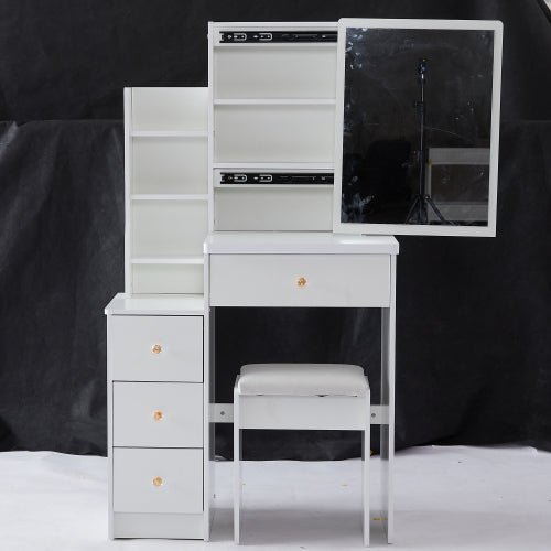 29.2" small space left bedside cabinet vanity table + cushioned stool, extra large right sliding mirror