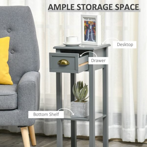 2 tier gray tall side table with drawer bottom shelf narrow accent night stand space saving for living room bedroom