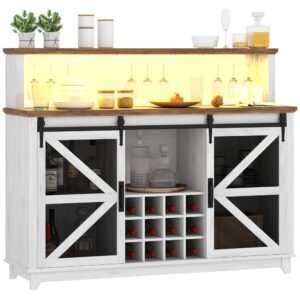 55 inch farmhouse white bar cabinet with lights wine and glass racks for kitchen and dining room