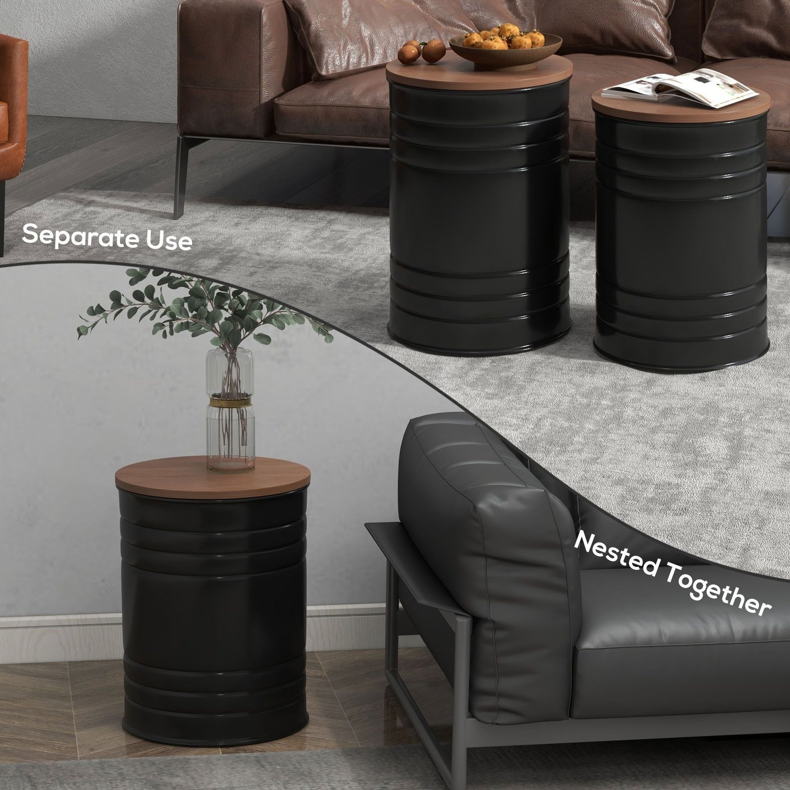 round nesting ottomans set of 2 with wooden lid metal frame and hidden storage space stools for bedroom storage