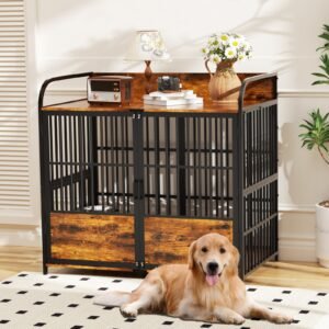 dog crate furniture, large dog kennel indoor with 2 adjustable bowls wooden dog cage brown