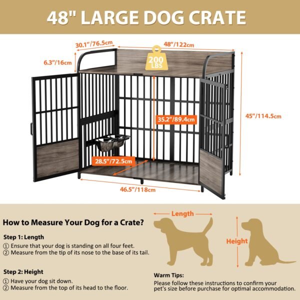 48 inch dog cage furniture, large dog kennel indoor with 2 adjustable bowls