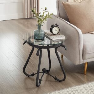 2 piece tempered glass surface coffee table set, decor coffee table round end side table with sturdy construction