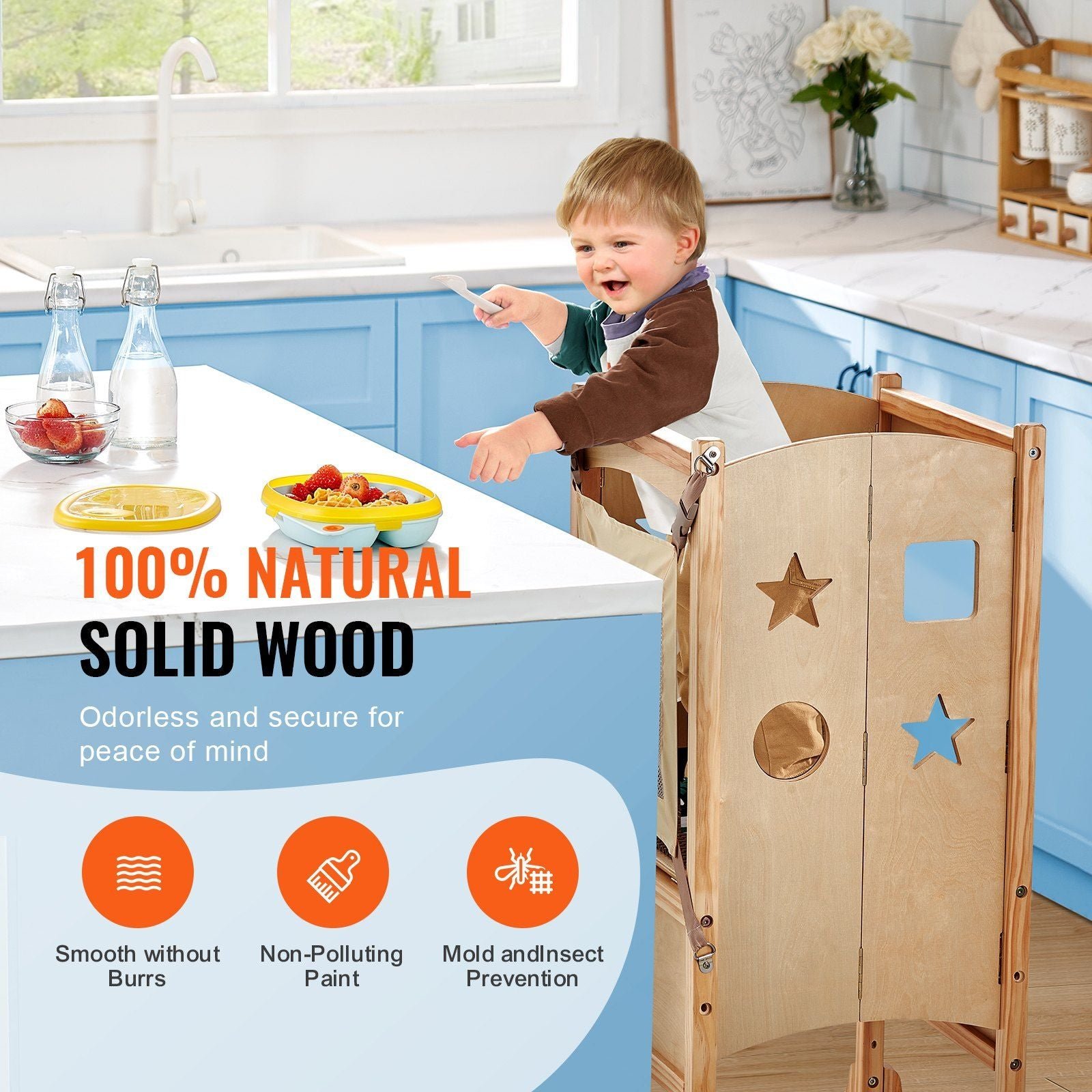 3 level adjustable height solid wood tower step stool foldable toddler stool safety net for kids' learning kitchen bedroom