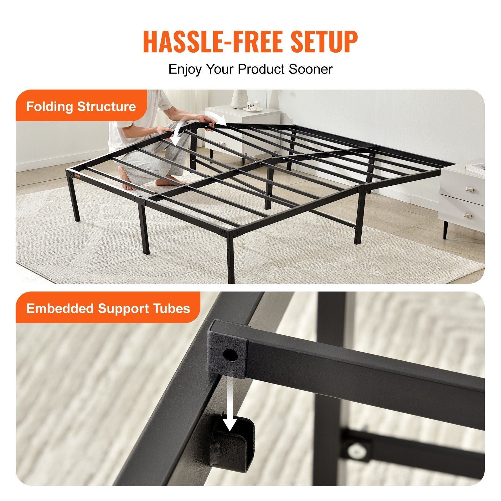 18 inch full metal bed frame heavy duty steel slat support easy assembly noise free box spring not needed 1500 lbs loading