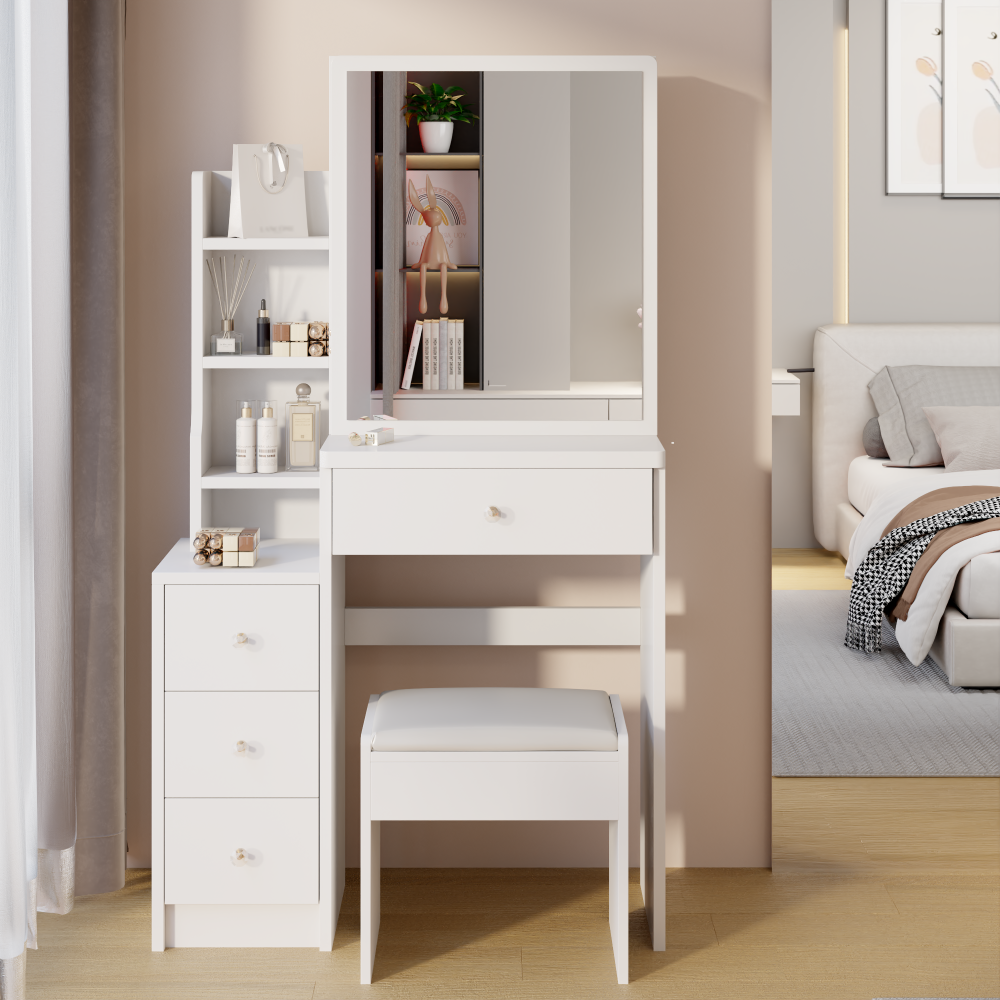 29.2" small space left bedside cabinet vanity table + cushioned stool, extra large right sliding mirror